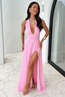 Karina | Women's Maxi Dress Halter Neck Satin Summer Wedding Guest